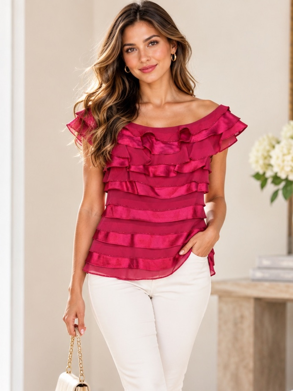 dressbarn Collection Tiered Ruffle Seaded Trim Scoop Neck Blouse Size 6